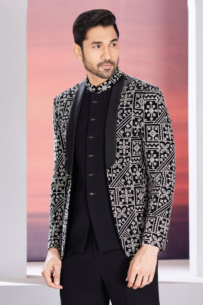 Black Color Party Wear Jacket Style Jodhpuri Mens Suit