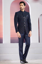 Navy Blue Thread Embroidered Imported Jodhpuri Mens Suit