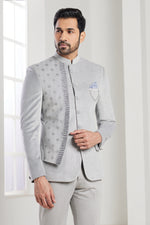 Light Grey Embroidered Thread Jodhpuri Mens Suit