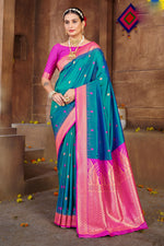 Steel Blue With Pink Border Silk Traditional Saree