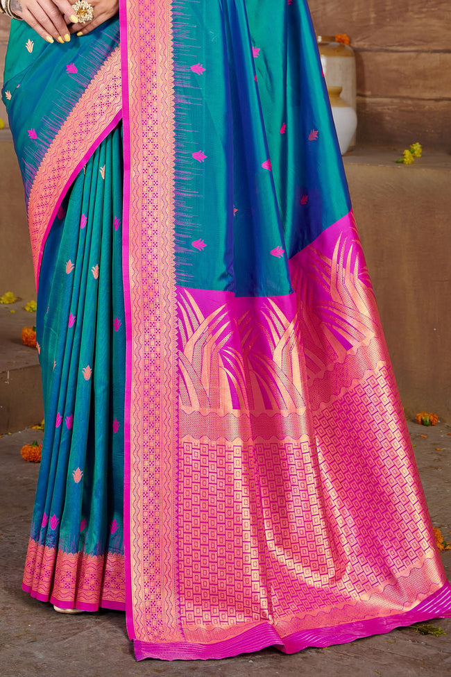 Steel Blue With Pink Border Silk Traditional Saree