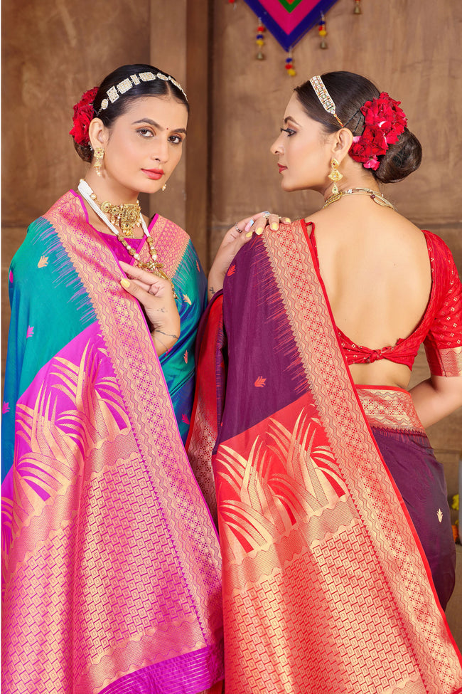 Steel Blue With Pink Border Silk Traditional Saree