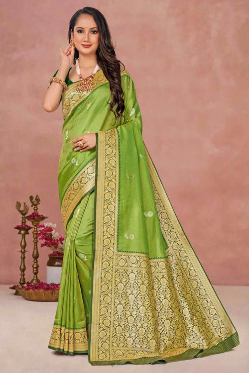 Lime Green Weaving Work Festive Wear Saree