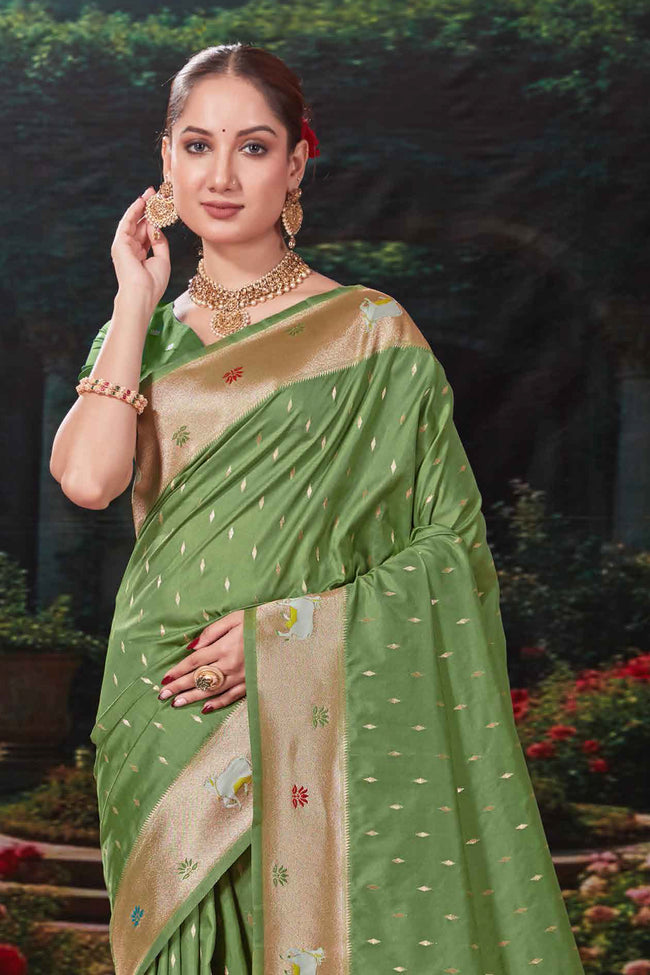 Pista Green Weaving Silk Festival Designer Paithani Saree