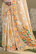 Beige & Orange Floral Woven Design Zari Soft Cotton Jamdani Saree
