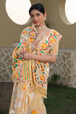 Beige & Orange Floral Woven Design Zari Soft Cotton Jamdani Saree