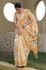 Beige & Orange Floral Woven Design Zari Soft Cotton Jamdani Saree