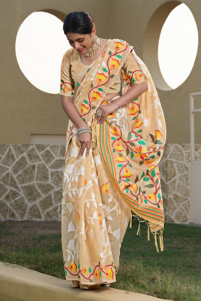 Beige & Orange Floral Woven Design Zari Soft Cotton Jamdani Saree