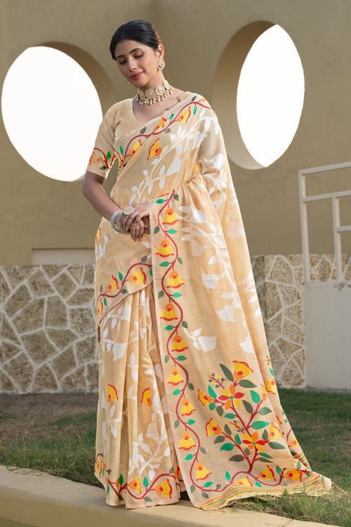 Beige & Orange Floral Woven Design Zari Soft Cotton Jamdani Saree