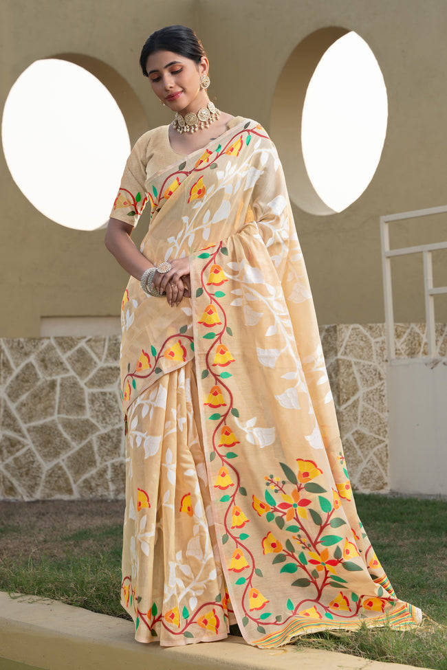 Beige & Orange Floral Woven Design Zari Soft Cotton Jamdani Saree