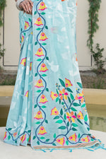 Blue Floral Printed Soft Cotton Jamdani Saree