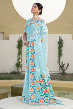 Blue Floral Printed Soft Cotton Jamdani Saree