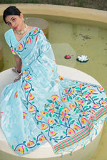 Blue Floral Printed Soft Cotton Jamdani Saree