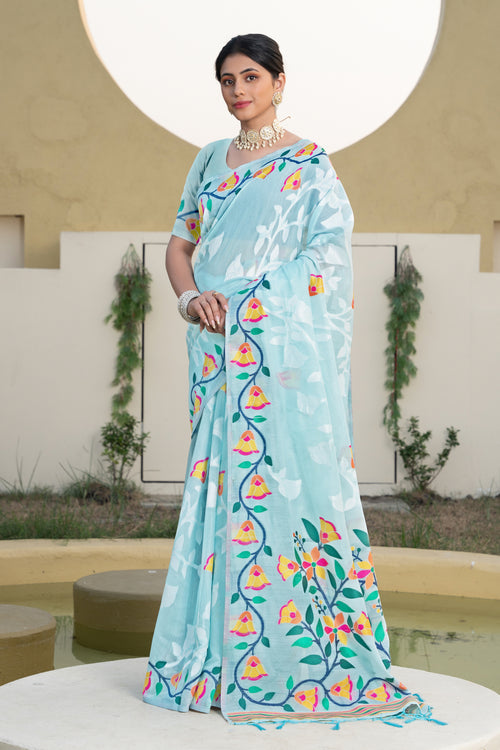Blue Floral Printed Soft Cotton Jamdani Saree