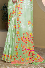 Green & orange Floral Woven Design Zari Soft Cotton Jamdani Saree