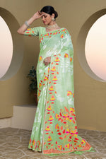 Green & orange Floral Woven Design Zari Soft Cotton Jamdani Saree