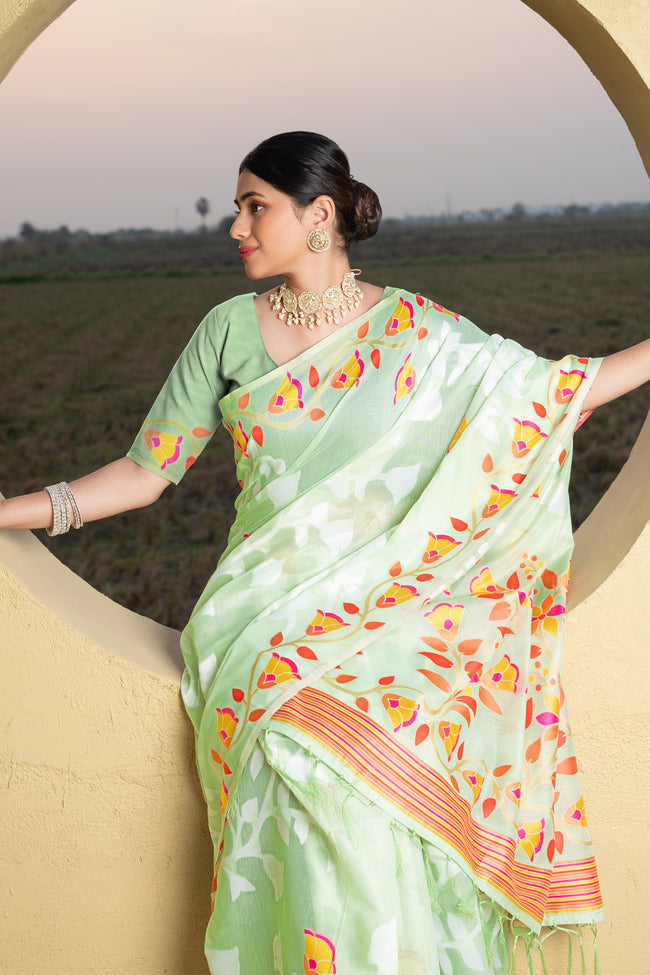 Green & orange Floral Woven Design Zari Soft Cotton Jamdani Saree