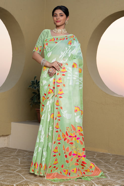 Green & orange Floral Woven Design Zari Soft Cotton Jamdani Saree