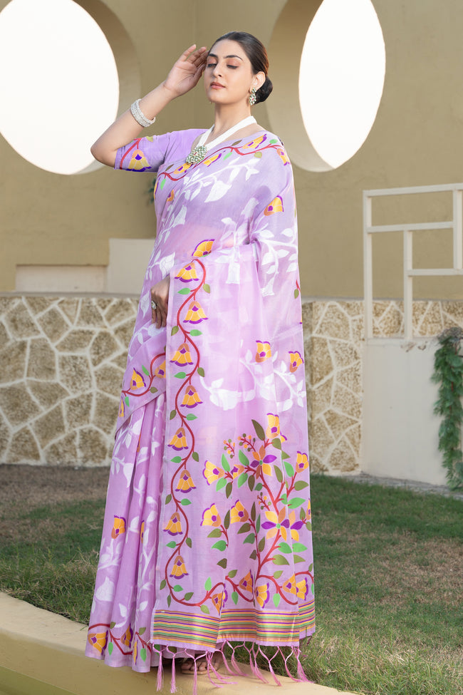 Lavender Woven Design Soft Cotton Jamdani Saree