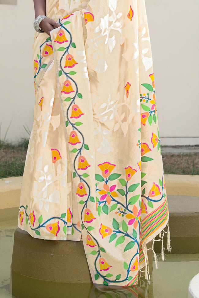 Off White & Orange Floral Embroidered Soft Cotton Jamdani Saree