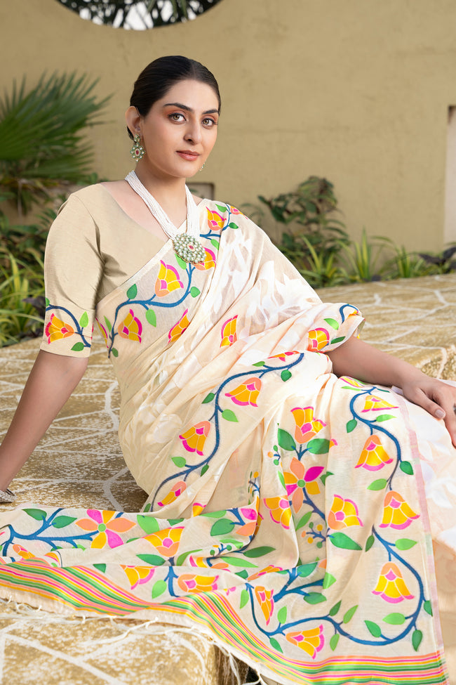 Off White & Orange Floral Embroidered Soft Cotton Jamdani Saree