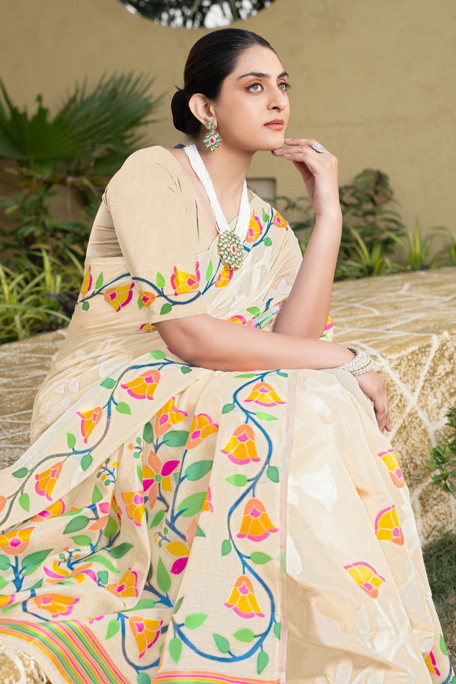 Off White & Orange Floral Embroidered Soft Cotton Jamdani Saree
