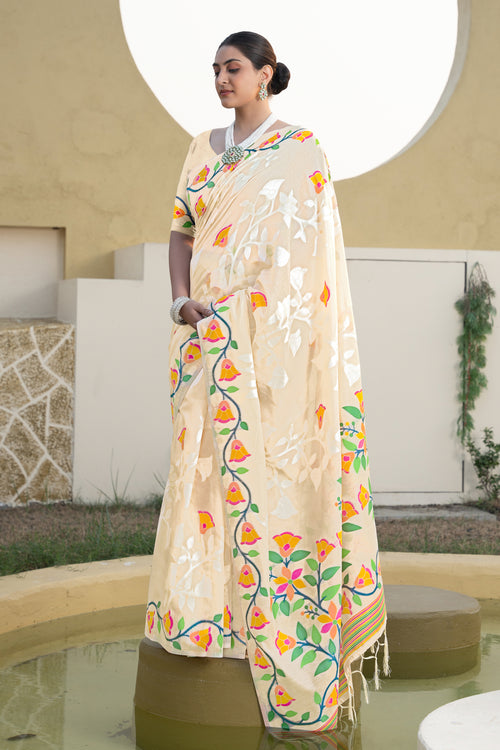Off White & Orange Floral Embroidered Soft Cotton Jamdani Saree