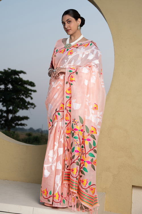 Peach Woven Design Soft Cotton Jamdani Saree