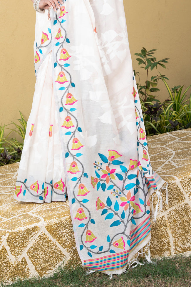 White Floral Soft Cotton Jamdani Saree