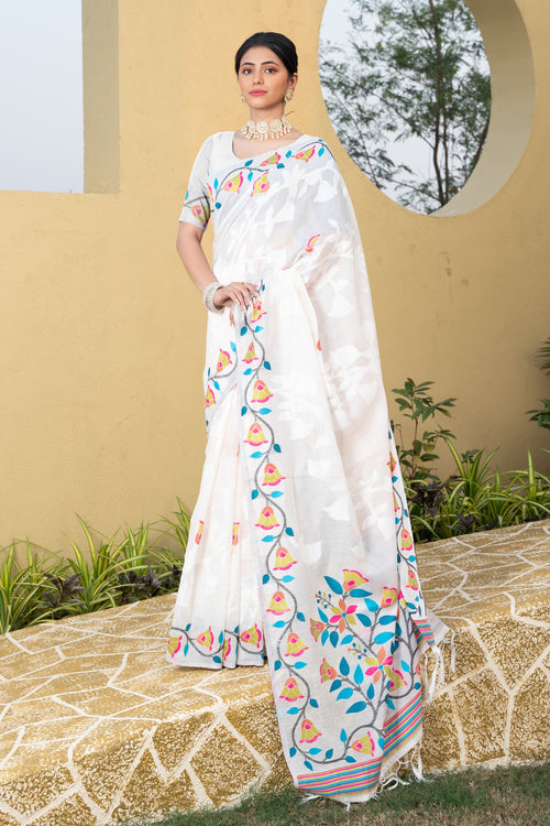 White Floral Soft Cotton Jamdani Saree