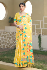 Yellow Floral Printed Soft Cotton Jamdani Saree