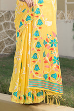 Yellow Floral Printed Soft Cotton Jamdani Saree