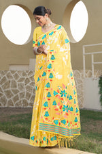 Yellow Floral Printed Soft Cotton Jamdani Saree