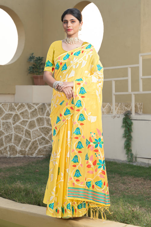 Yellow Floral Printed Soft Cotton Jamdani Saree