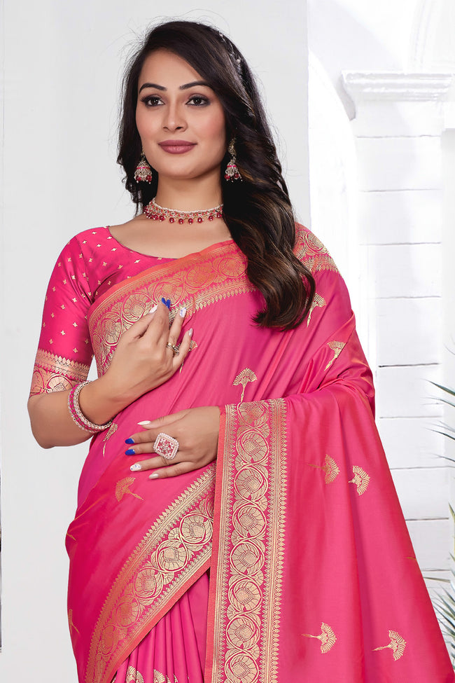 Pink Woven Design Zari Banarasi Art Silk Saree