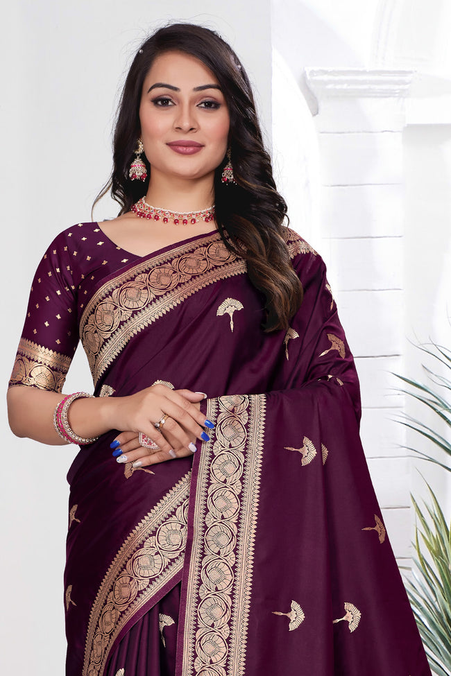 Dark Purple Woven Zari Banarasi Art Silk Saree