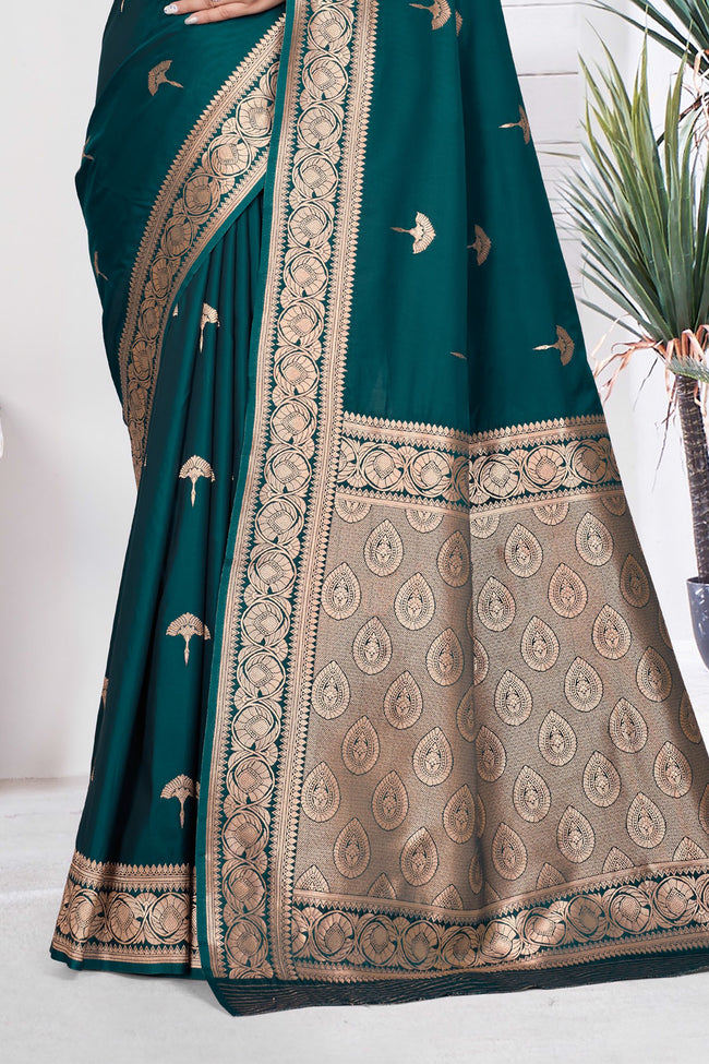 Teal Blue Woven Zari Banarasi Art Silk Saree
