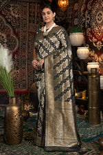 Black Banarasi Silk Saree with Golden Zari Woven Design Motifs
