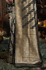 Black Banarasi Silk Saree with Golden Zari Woven Design Motifs