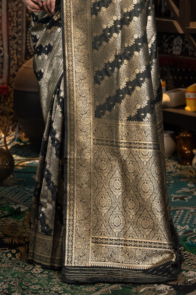 Black Banarasi Silk Saree with Golden Zari Woven Design Motifs