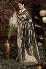 Black Banarasi Silk Saree with Golden Zari Woven Design Motifs