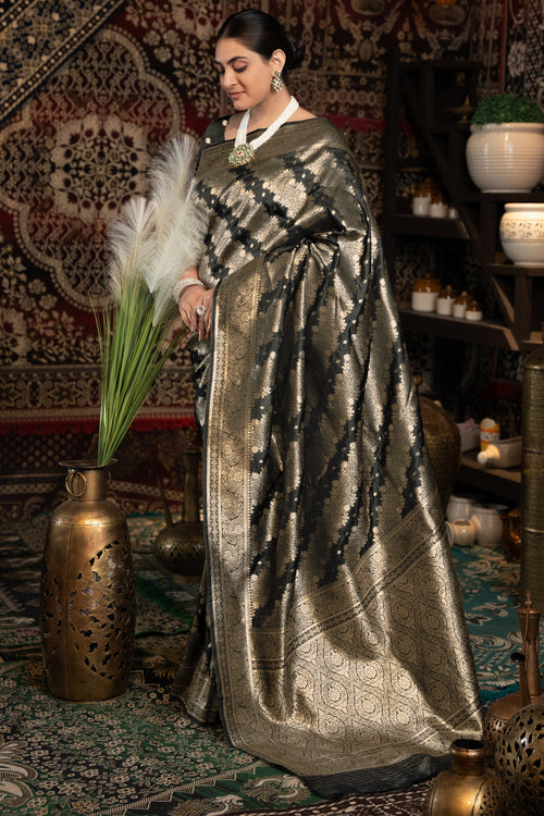 Black Banarasi Silk Saree with Golden Zari Woven Design Motifs