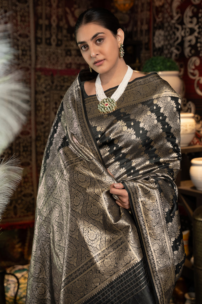 Black Banarasi Silk Saree with Golden Zari Woven Design Motifs