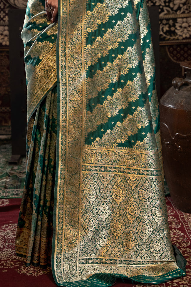 Bottle Green Banarasi Silk With Zari Woven Design Saree