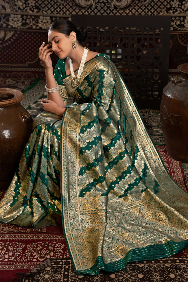 Bottle Green Banarasi Silk With Zari Woven Design Saree