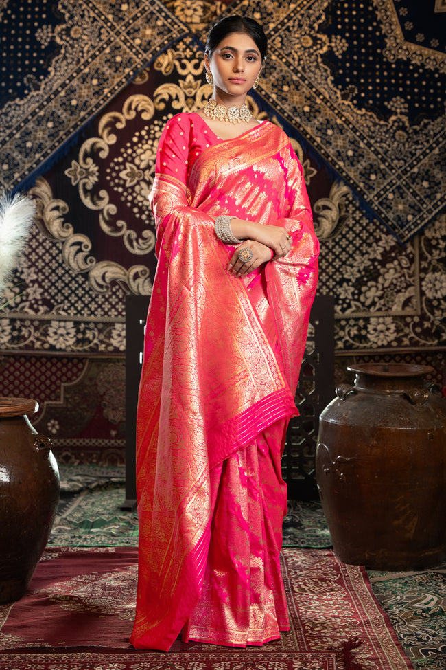 Pink Banarasi Silk With Zari Woven Design Saree
