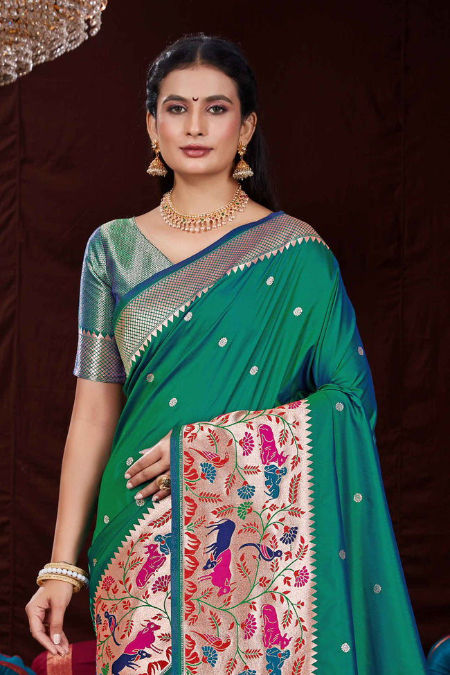 Sea Green Festive Wear Woven Banarasi Silk Paithani Saree