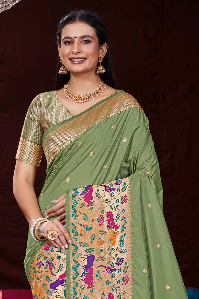 Sage Green Festive Wear Woven Banarasi Silk Paithani Saree