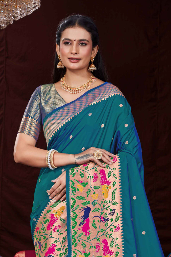 Teal Blue Festive Wear Woven Banarasi Silk Paithani Saree