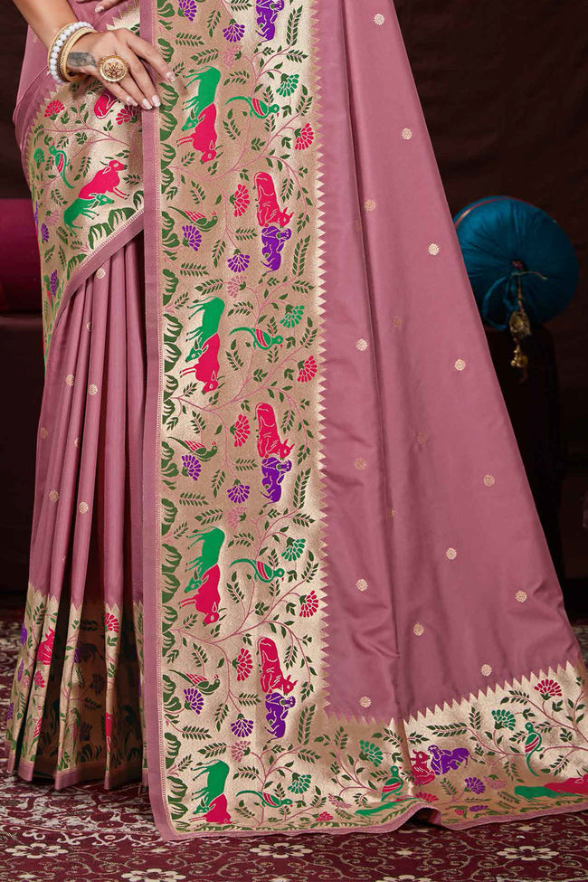 Rose Pink Festive Wear Woven Banarasi Silk Paithani Saree